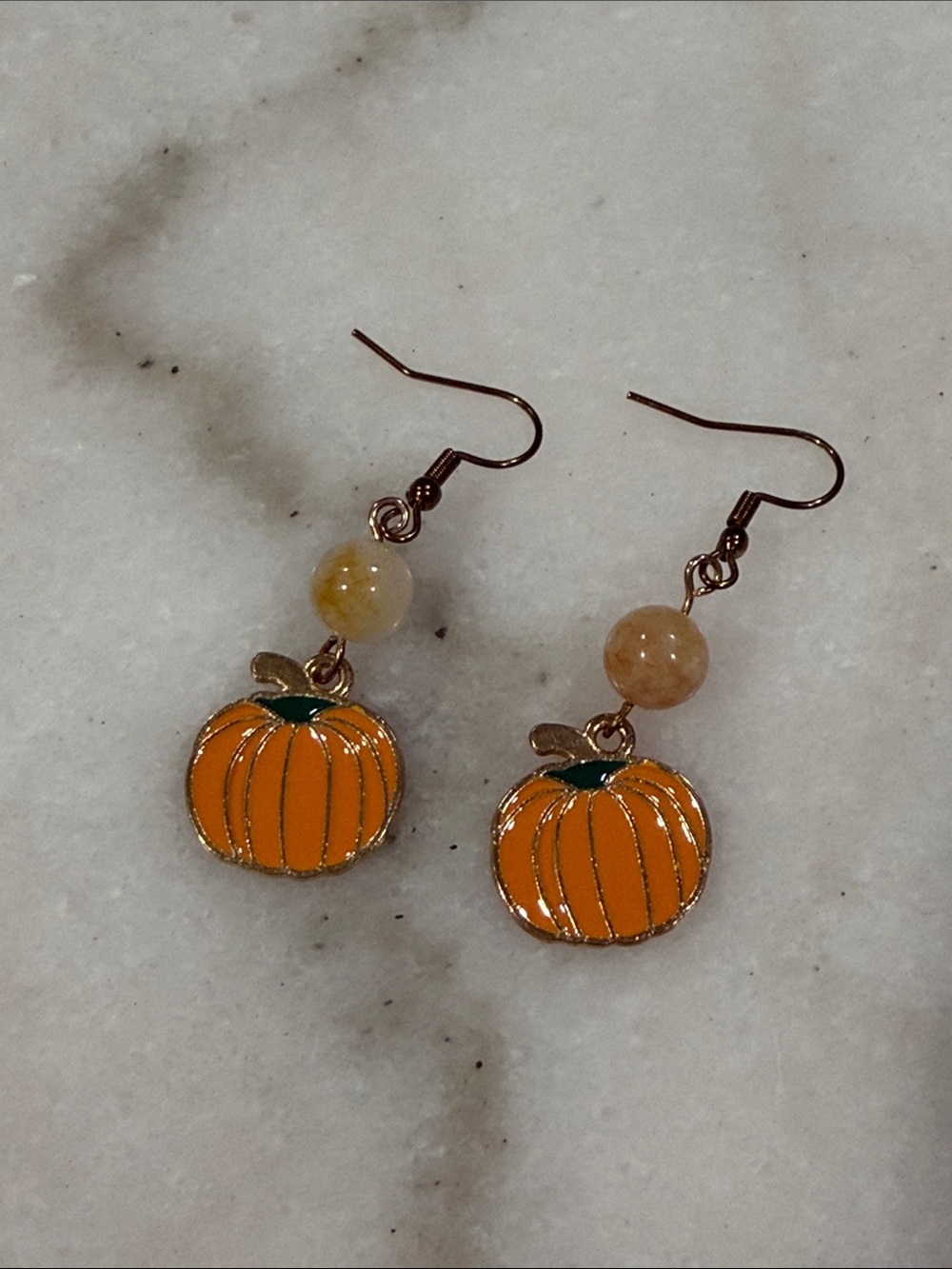 Pumpkin Drop Earrings Jade Crystal Bead Hand Crafted Autumn Jewelry